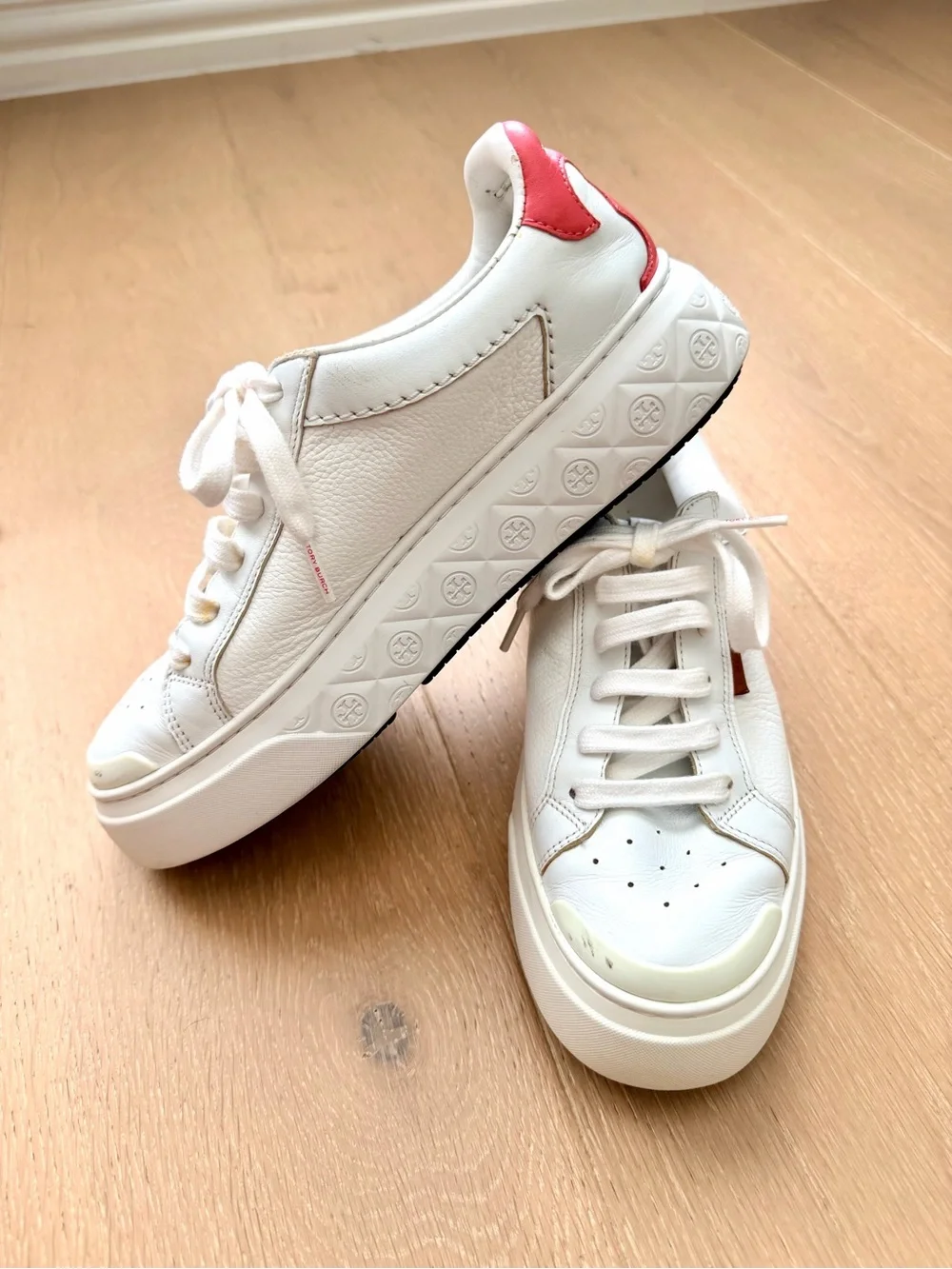 Tory Burch White Leather Ladybug Low-Top Sneakers with Coral Heel Accent
